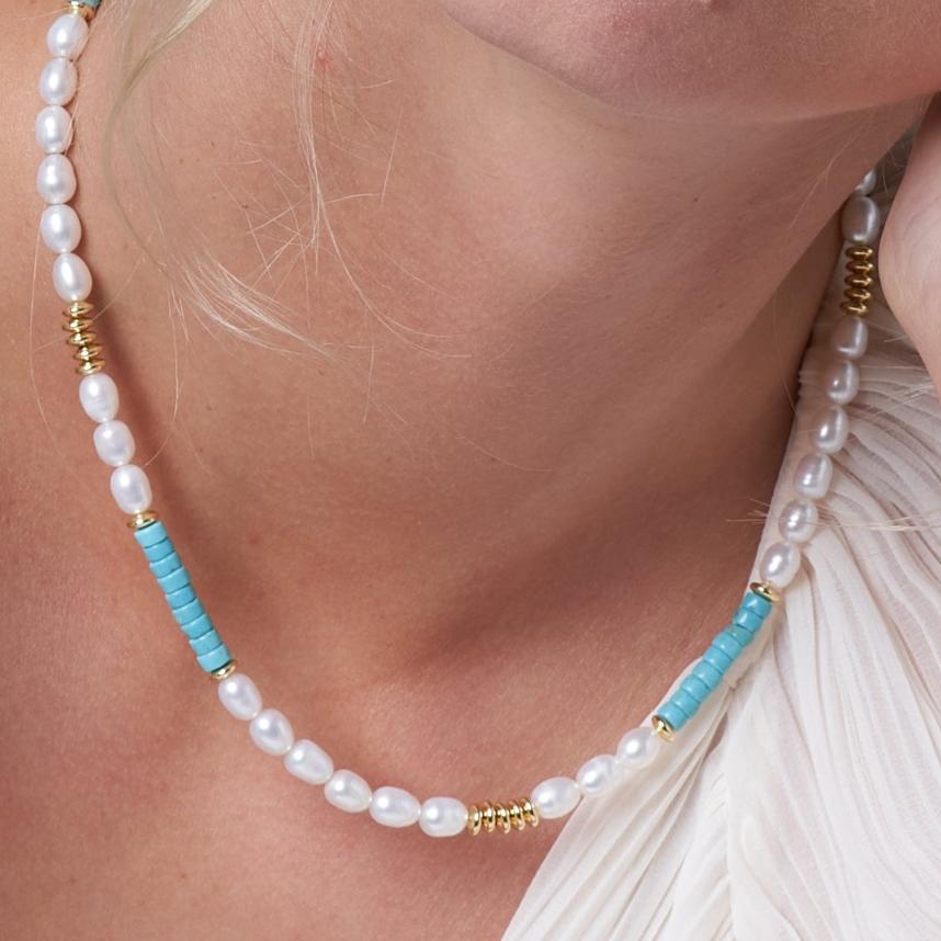 
                  
                    Nova oval cultured freshwater pearl necklace with turquoise and gold beads
                  
                