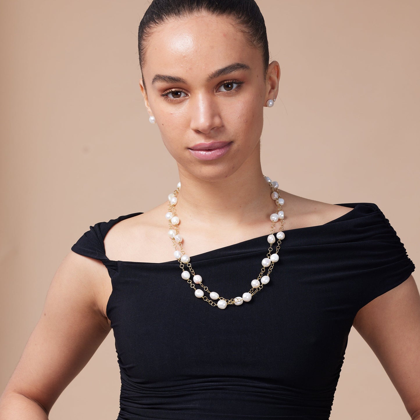 Decus cultured irregular freshwater pearl long gold plate chain necklace