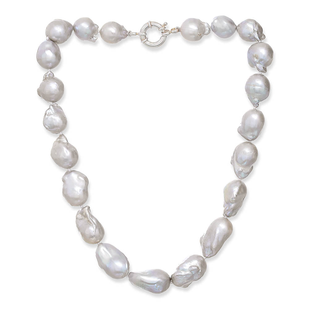 Large silver grey fireball baroque cultured freshwater pearl necklace with silver clasp