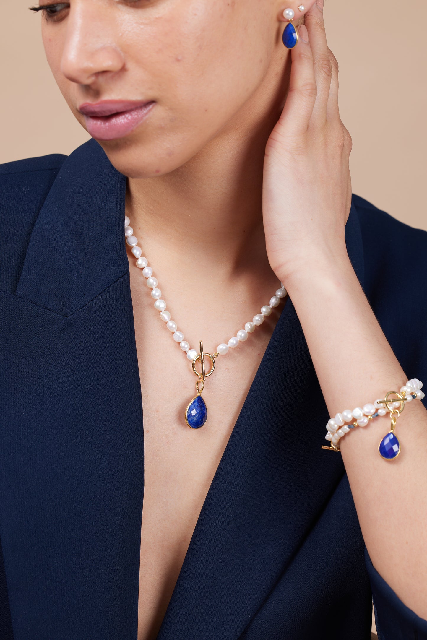 Load image into Gallery viewer, Clara cultured freshwater pearl necklace with lapis lazuli gold vermeil drop
