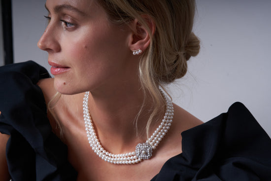Stella triple strand cultured freshwater pearl necklace with vintage style pave & pearl clasp