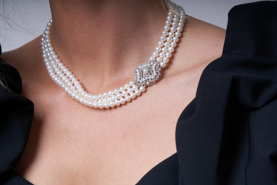 Stella triple strand cultured freshwater pearl necklace with vintage style pave & pearl clasp