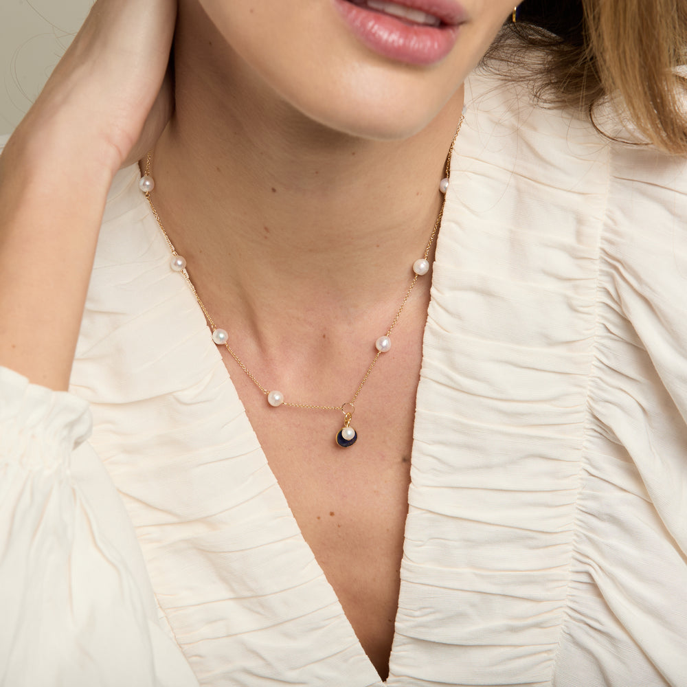 
                  
                    Nova fine chain necklace with cultured freshwater pearls & lapis lazuli drop
                  
                