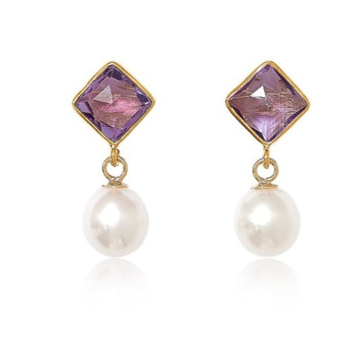 Nova diamond-shaped amethyst & cultured freshwater pearl drop earrings