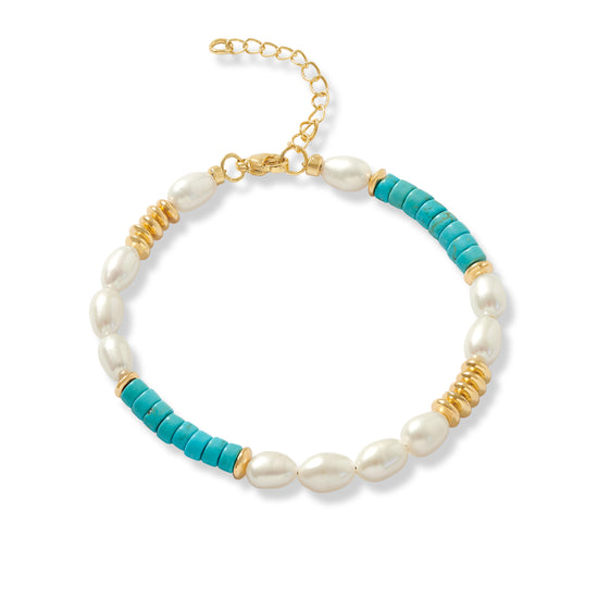 Nova oval cultured freshwater pearl bracelet with turquoise & gold beads