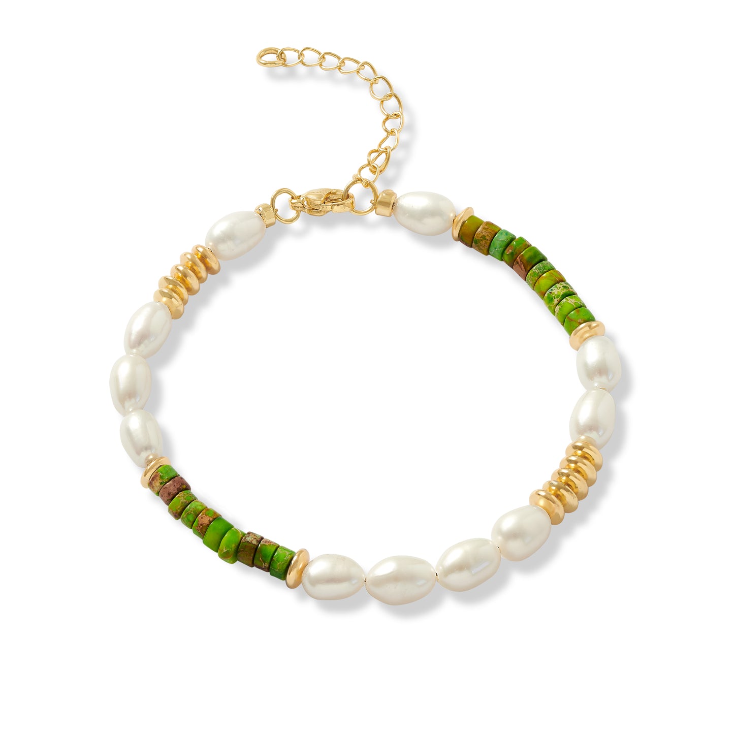 Nova oval cultured freshwater pearl bracelet with green jasper & gold beads