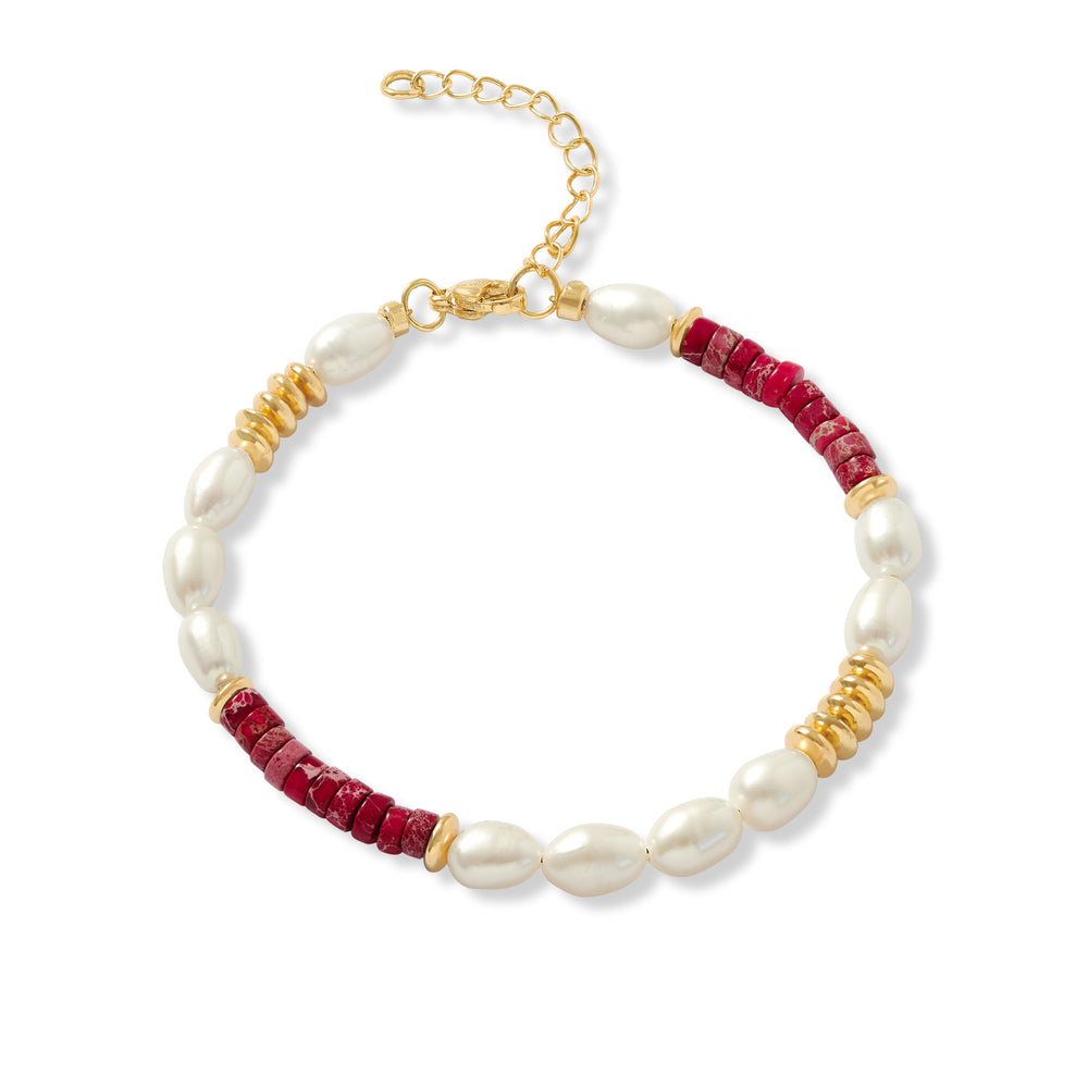 Nova oval cultured freshwater pearl bracelet with red jasper & gold beads