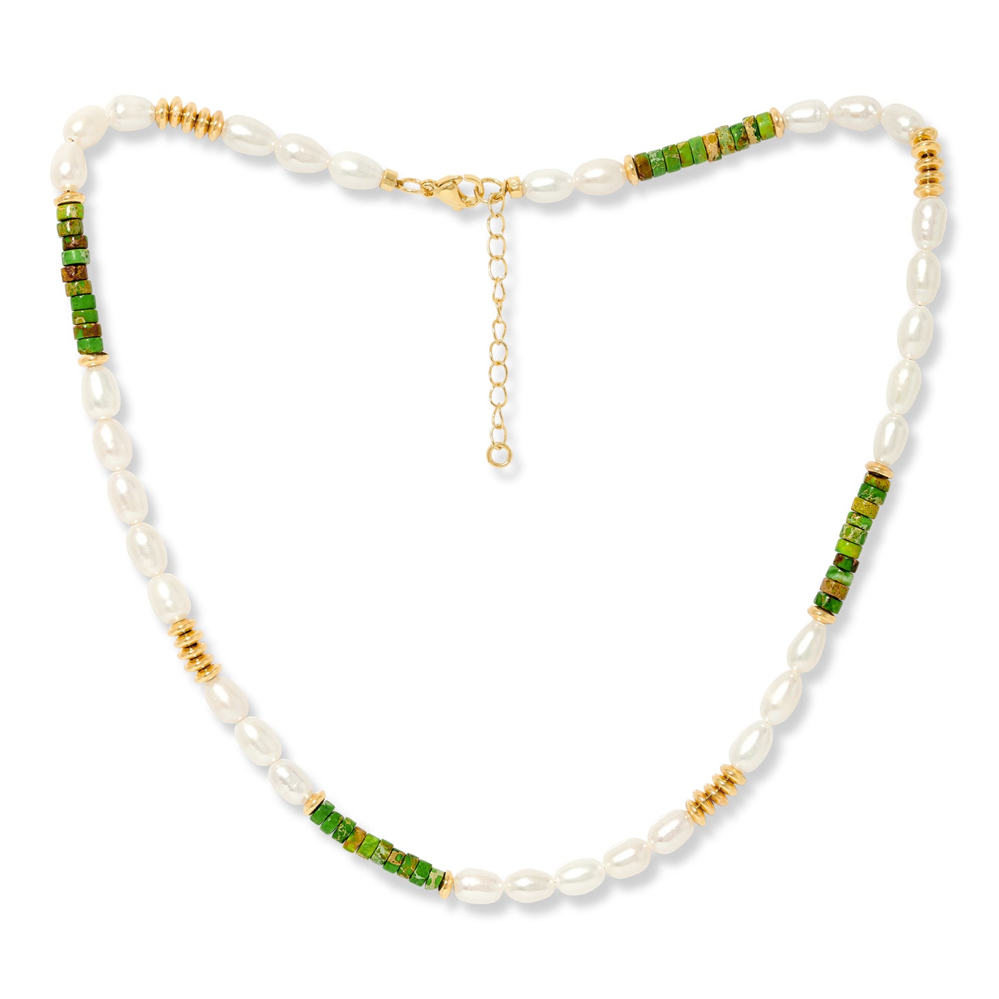 Nova oval cultured freshwater pearl necklace with green jasper & gold beads