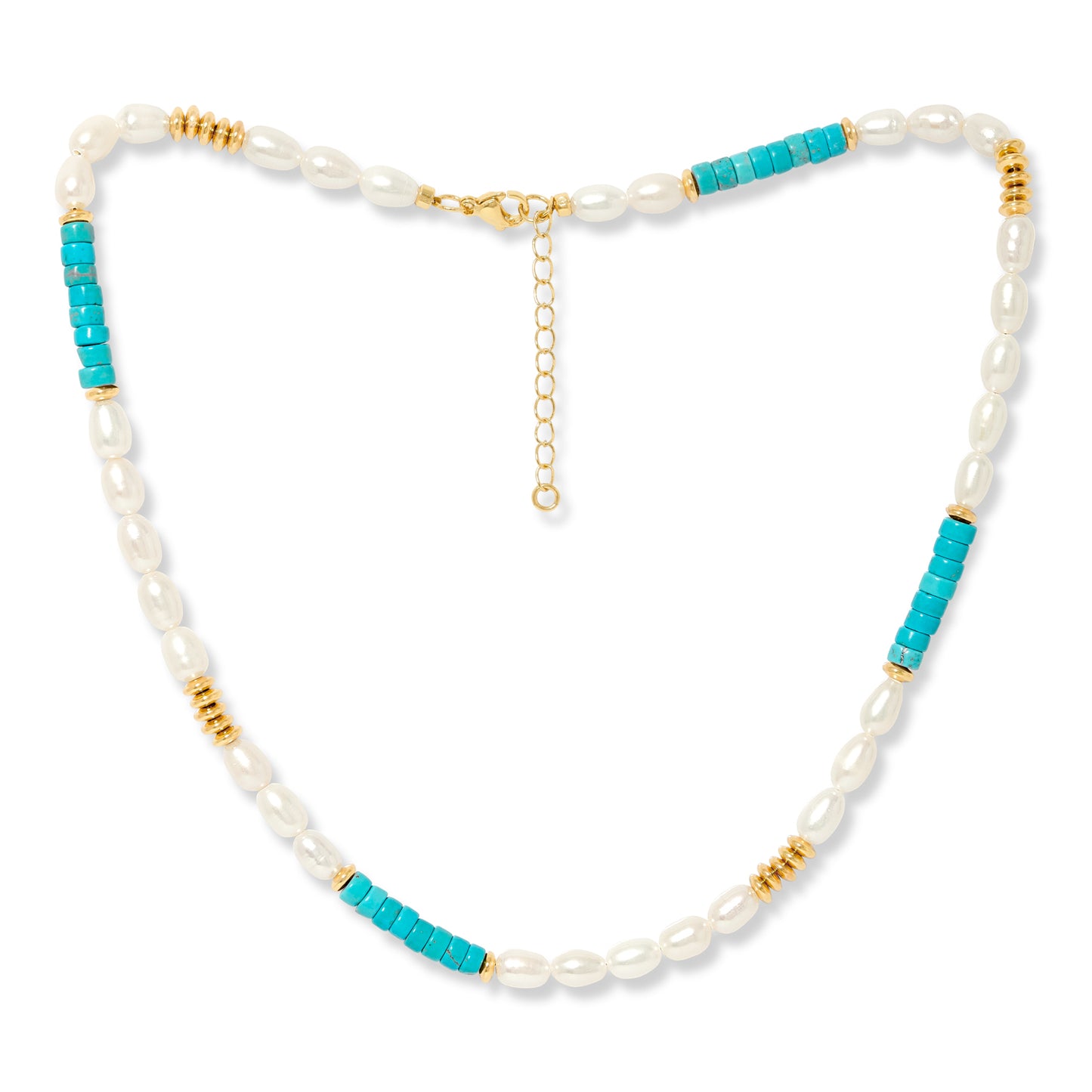 Nova oval cultured freshwater pearl necklace with turquoise and gold beads