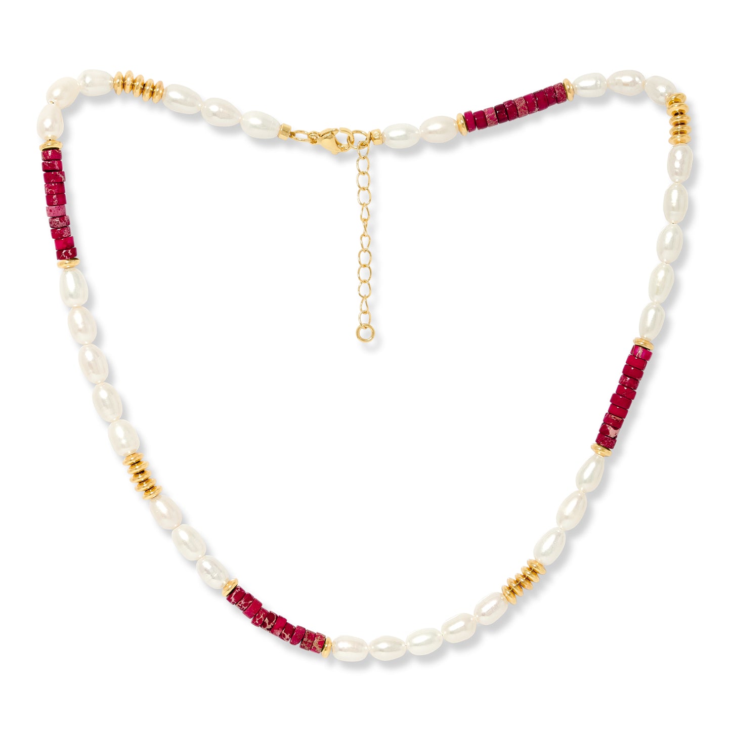 Nova oval cultured freshwater pearl necklace with red jasper & gold beads