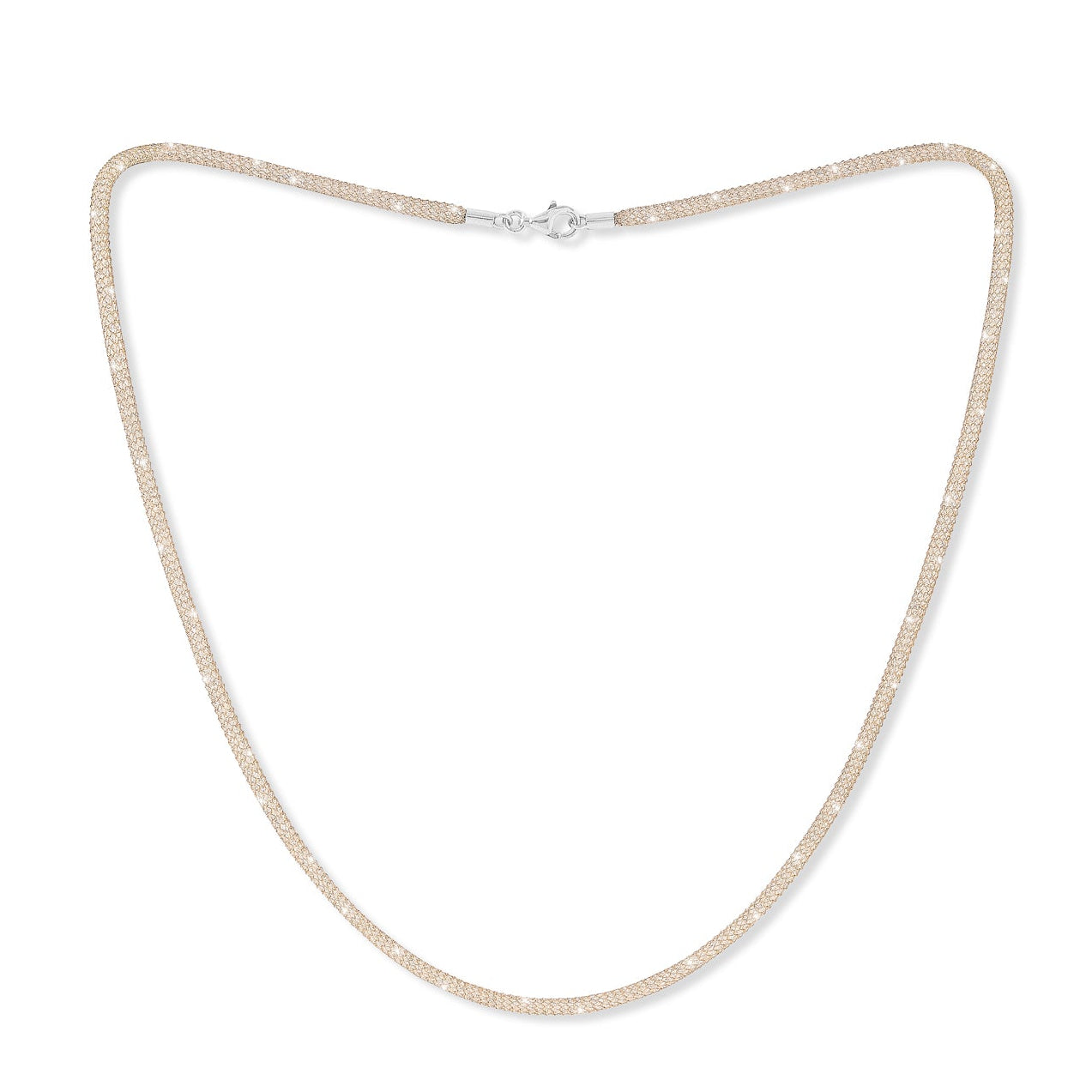 Rose gold sparkle mesh necklace on a white background
