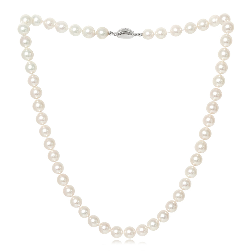 Gratia 7mm almost round cultured akoya pearl necklace on silver plate push button clasp
