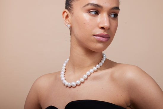 Load image into Gallery viewer, Gratia 11-16mm almost round cultured freshwater pearl necklace with round pave clasp
