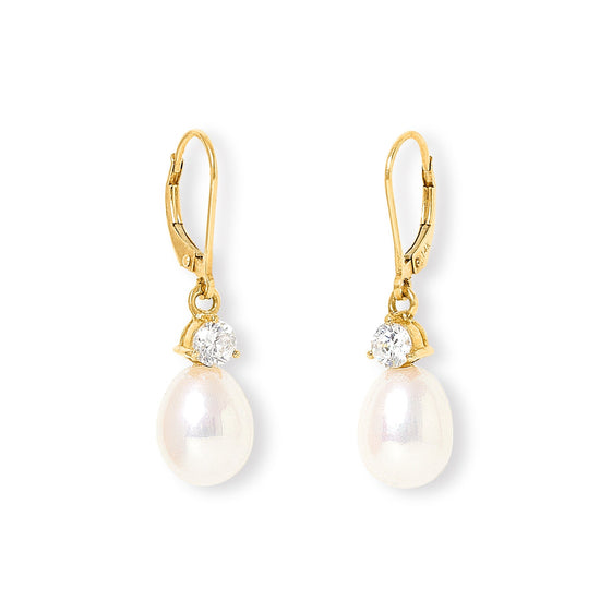 Stella cultured freshwater pearl drop earrings with cubic zirconia above on 14kt yellow gold levers