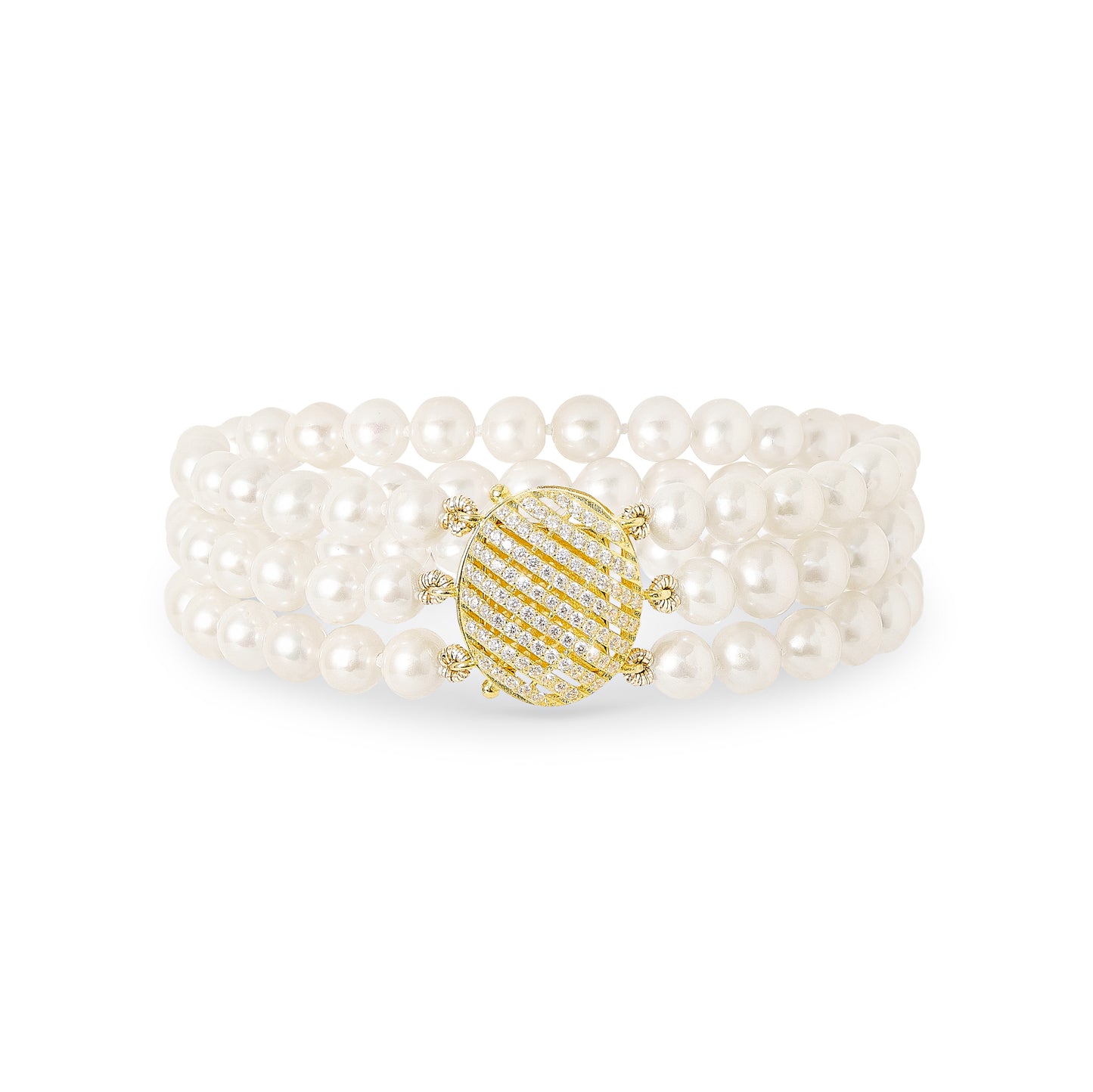 Stella triple strand cultured freshwater pearl bracelet with oval art deco style gold vermeil pave clasp