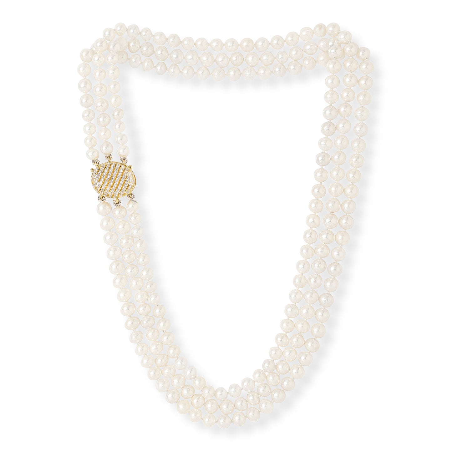 Stella triple strand cultured freshwater pearl necklace with oval gold plate art deco style pave clasp