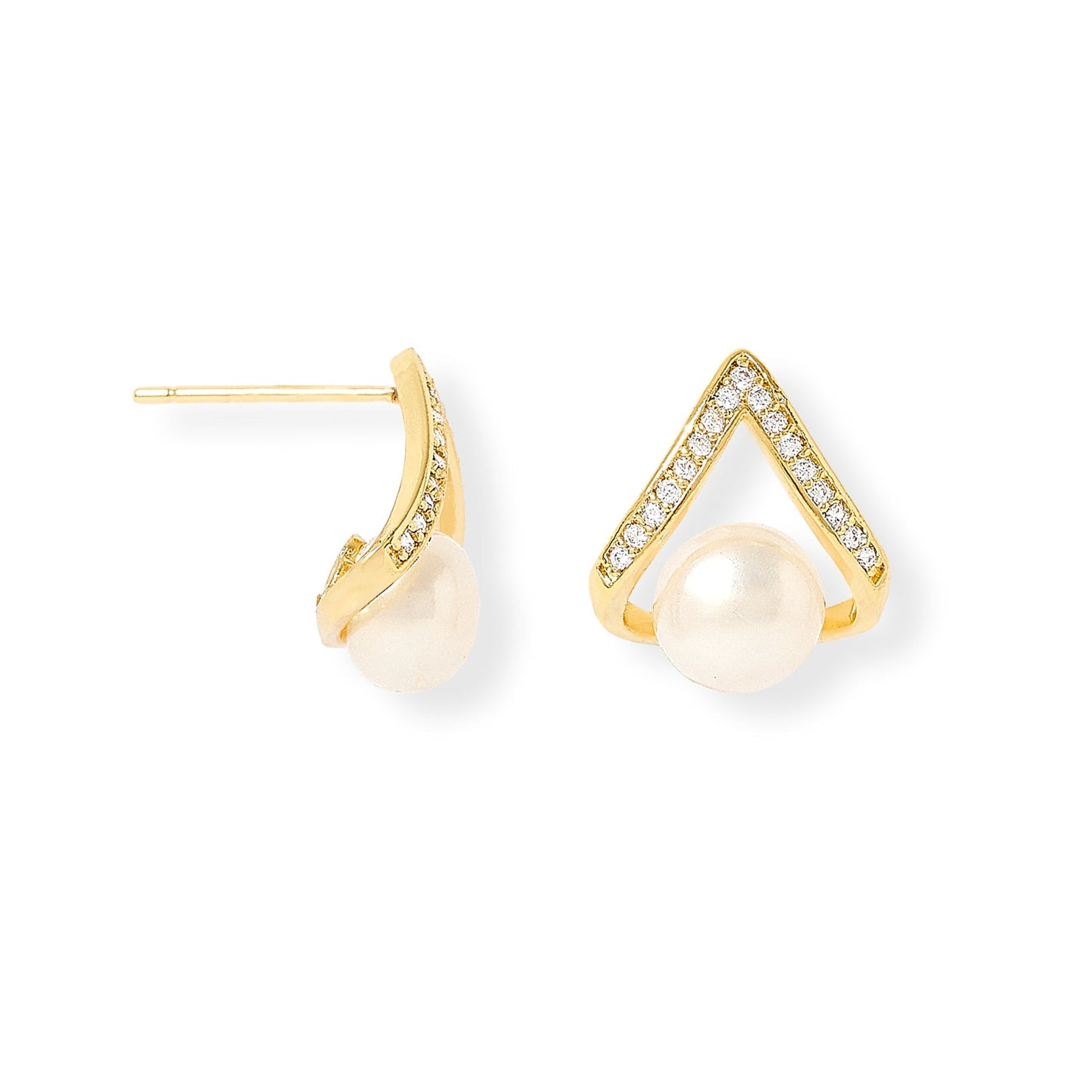 Load image into Gallery viewer, Stella gold pave triangular studs with cultured freshwater pearls
