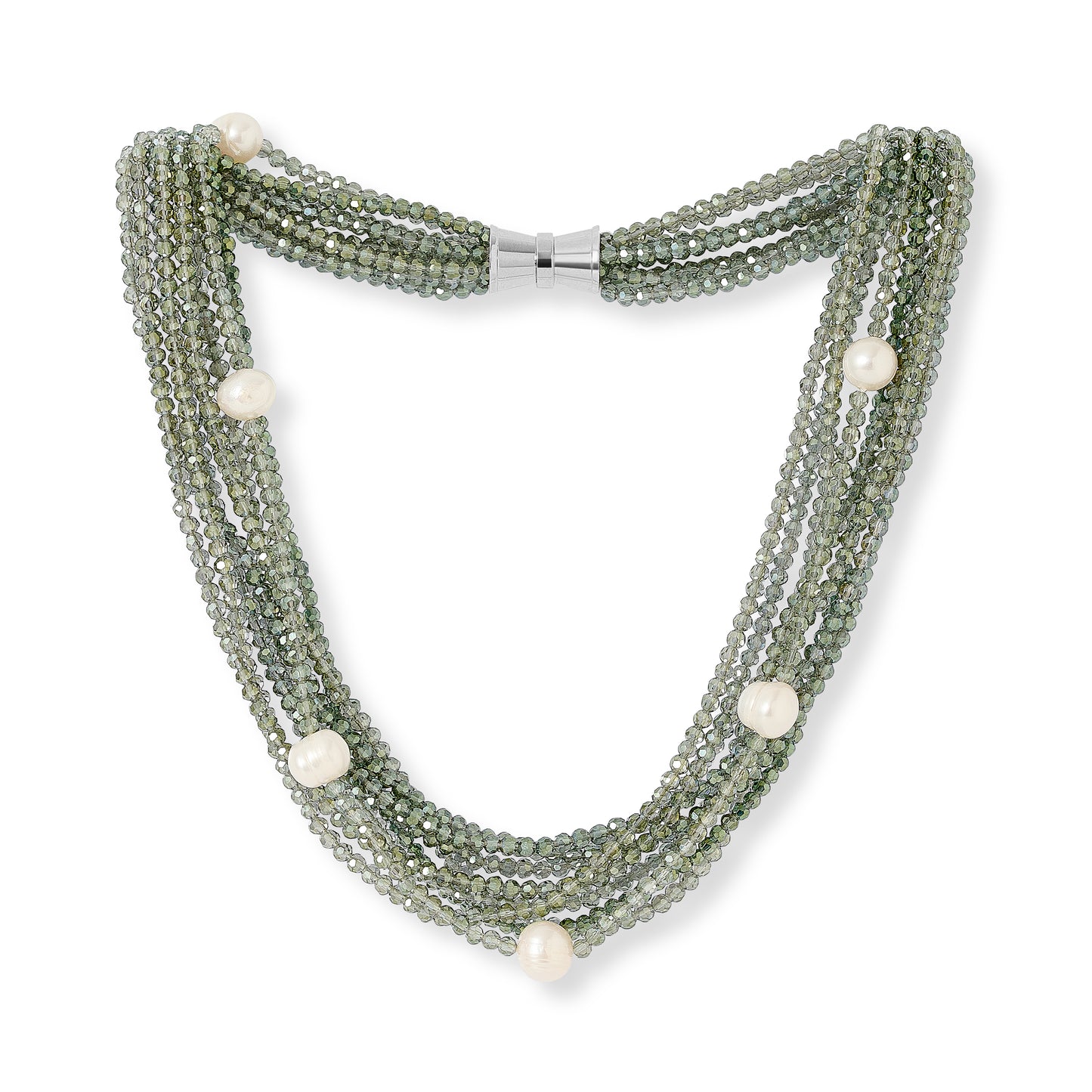 Stella multi-strand green/grey crystal necklace with cultured freshwater pearls