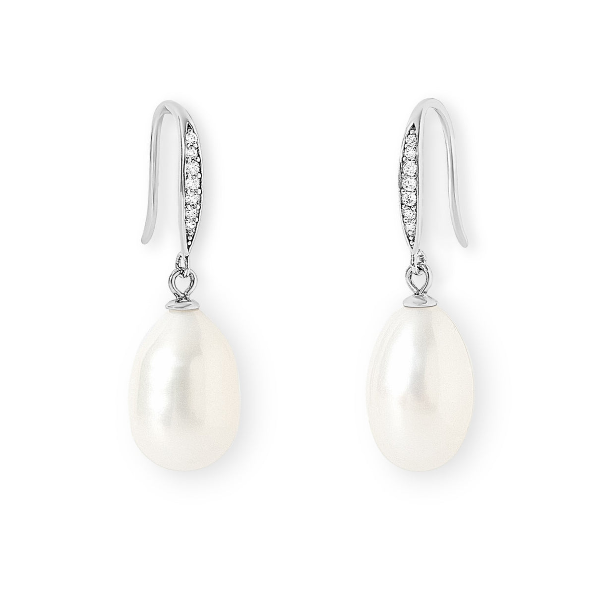 Long teardrop cultured freshwater pearl earrings on long pave sterling silver hooks