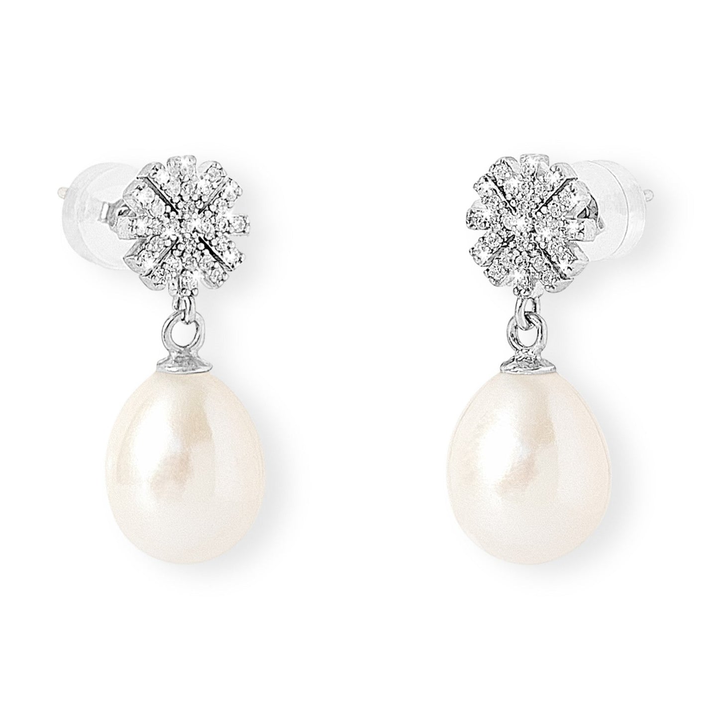 Stella silver sparkle snowflake earrings with cultured freshwater pearls