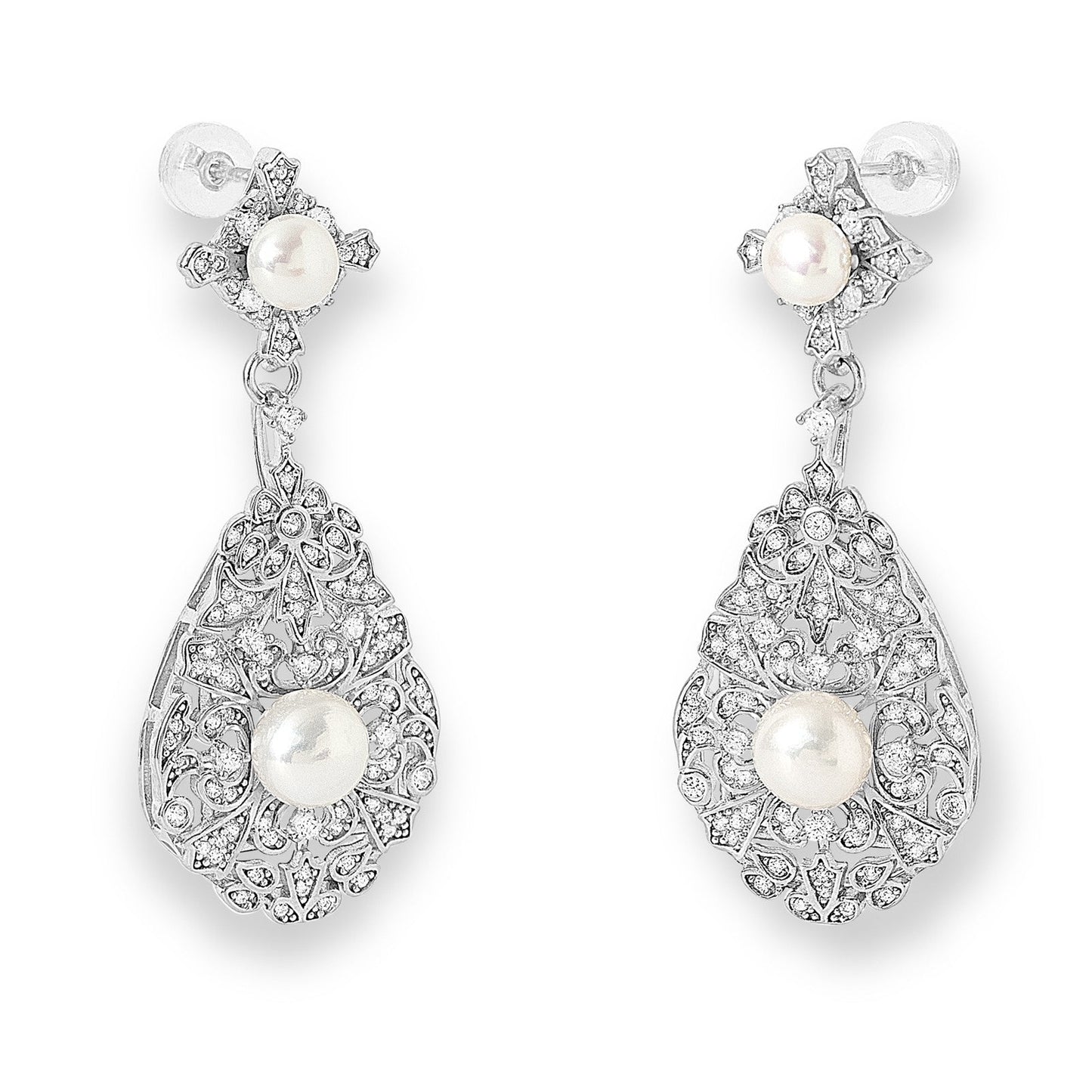 Silver vintage style drop earrings with pave cubic zirconia and cultured freshwater pearls