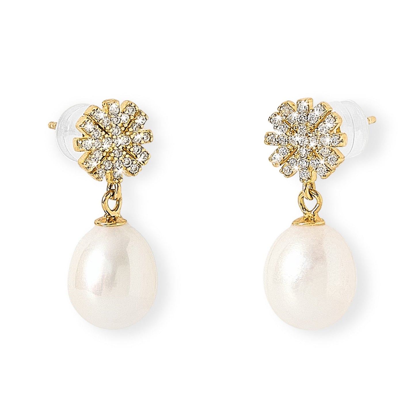 Stella sparkle snowflake gold plated earrings with cultured freshwater pearls
