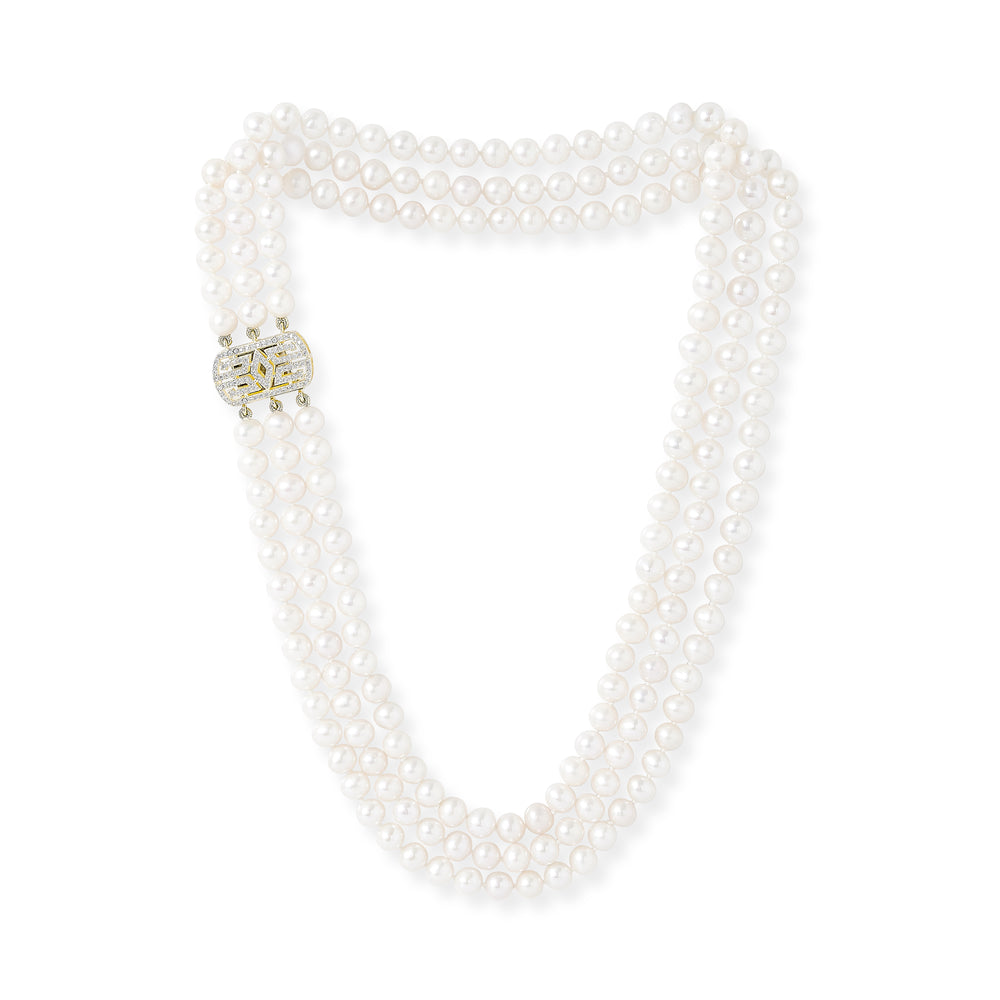 Stella triple strand cultured freshwater pearl necklace with art deco style gold vermeil pave clasp