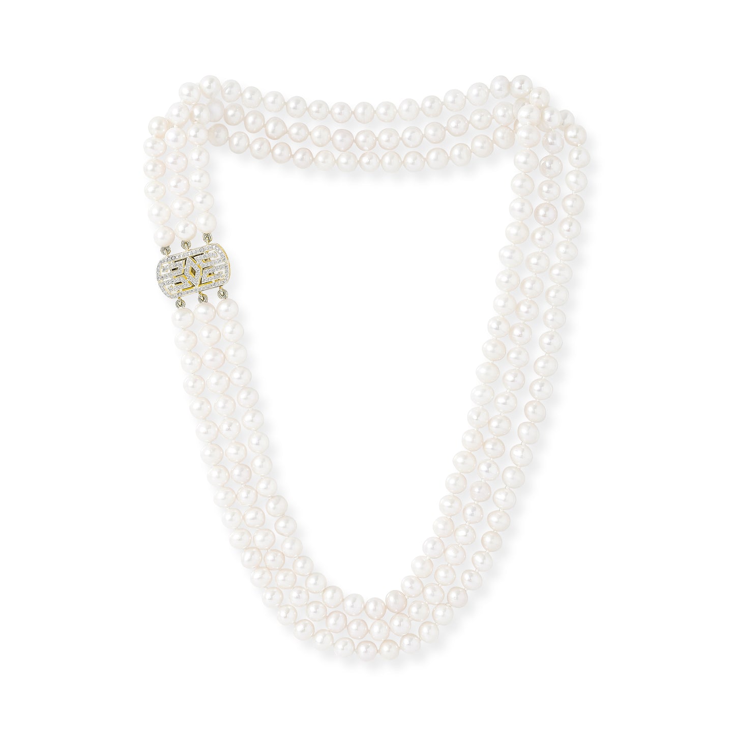 Stella triple strand cultured freshwater pearl necklace with art deco style gold vermeil pave clasp