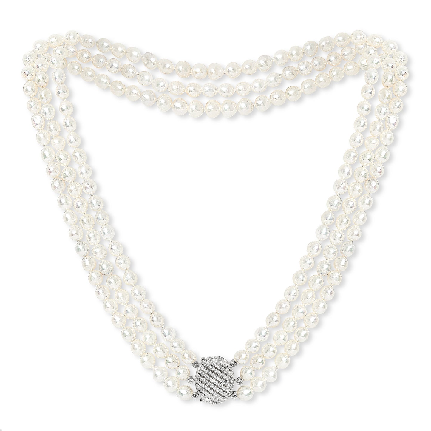 Stella triple strand cultured freshwater pearl necklace with vintage style oval pave