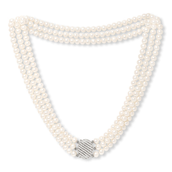Stella triple strand cultured freshwater pearl necklace with vintage style oval pave