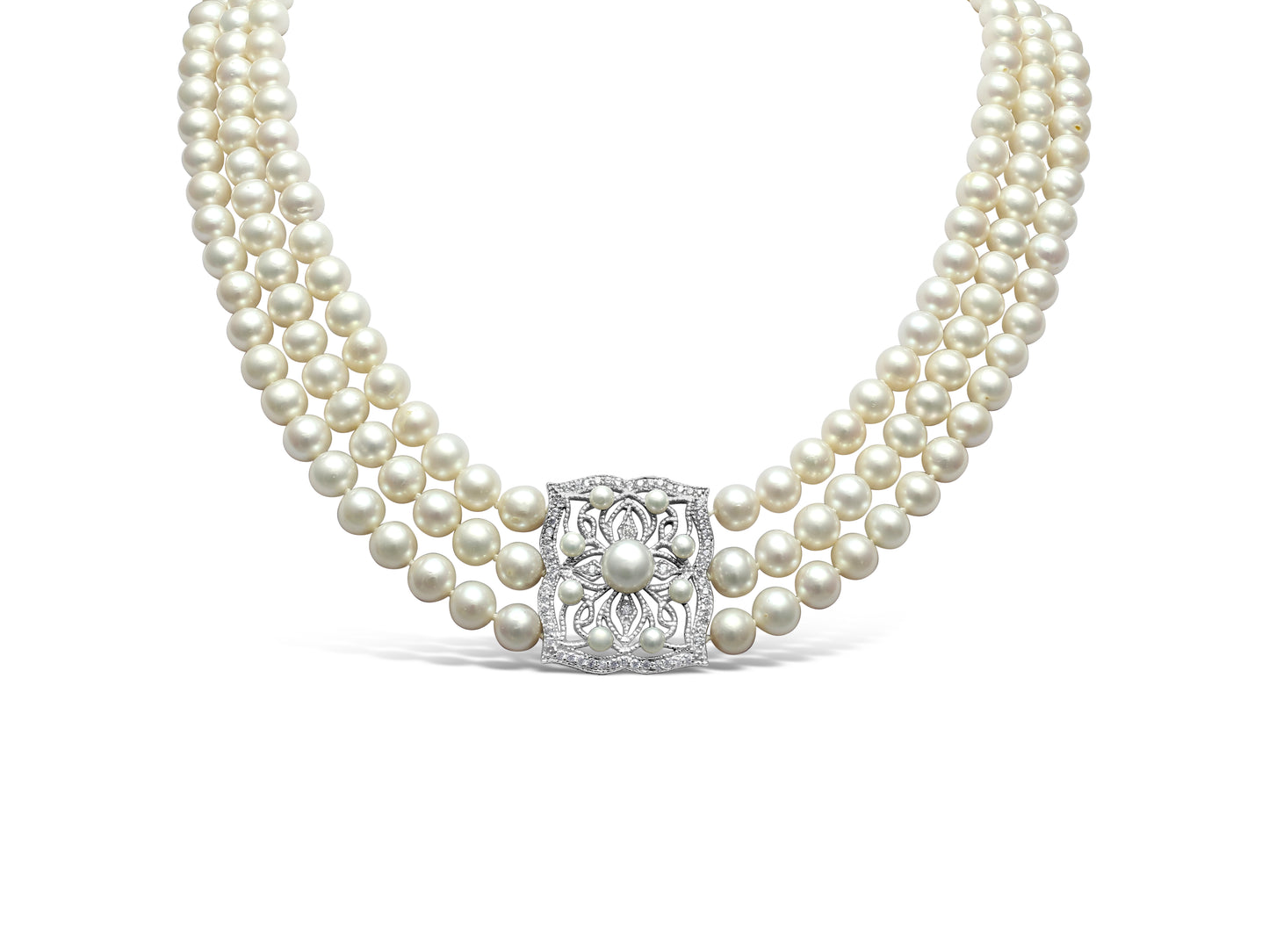 Stella Triple Strand Cultured Freshwater Pearl Necklace With Vintage Style Pave Feature With Pearls