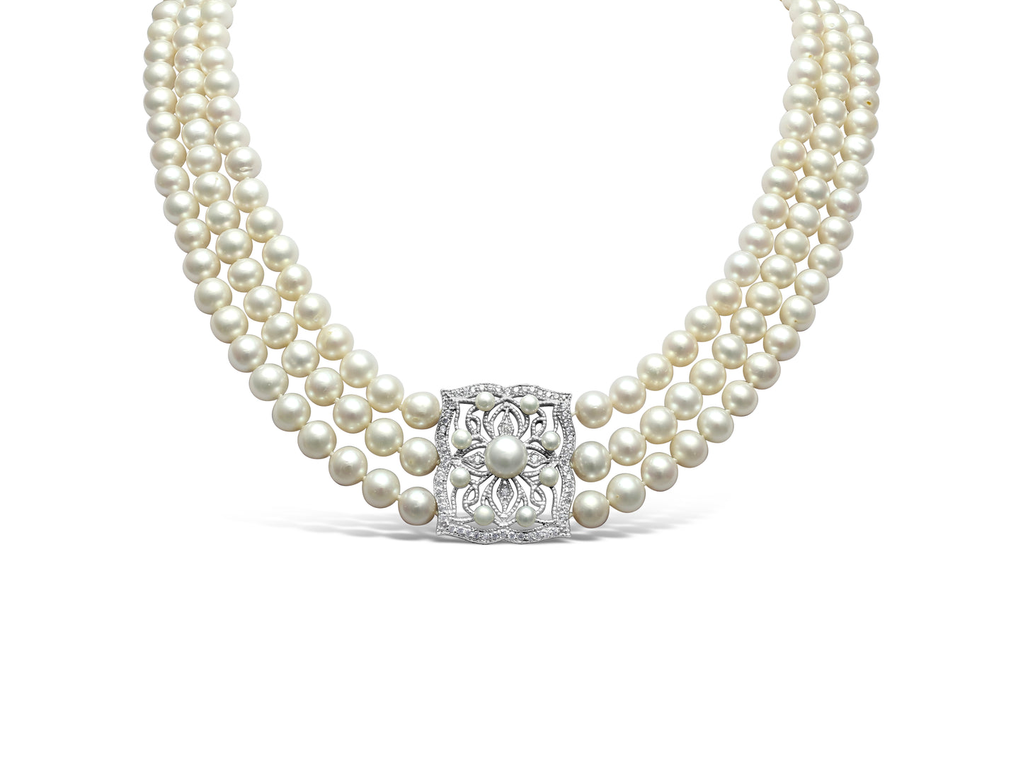 Stella triple strand cultured freshwater pearl necklace with vintage style pave feature with pearls