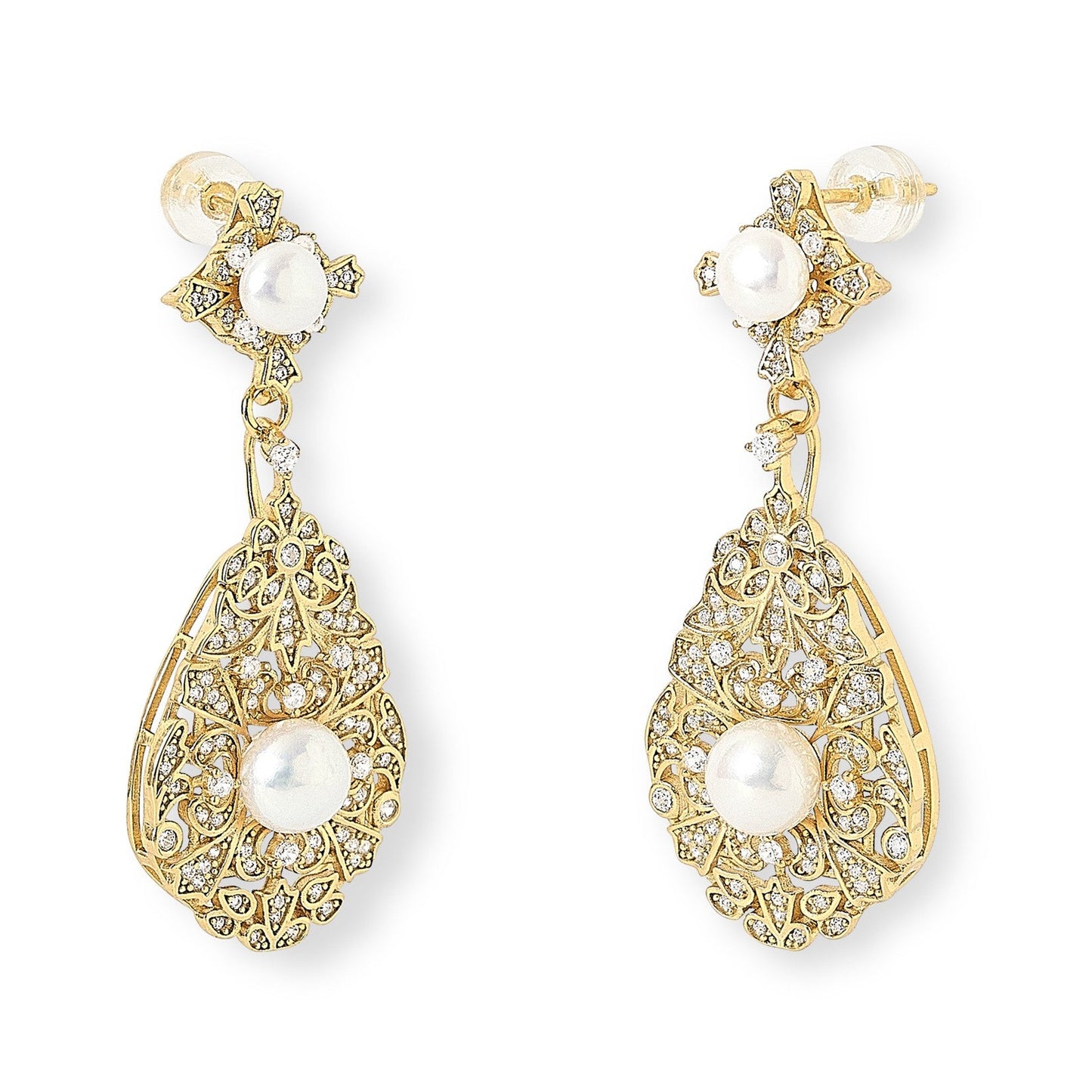 Vintage style gold plated sterling silver drop earrings with cultured freshwater pearls
