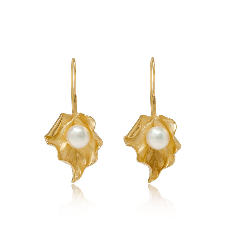 Vita Cultured Freshwater Pearl Leaf Earrings In Gold Plated Silver