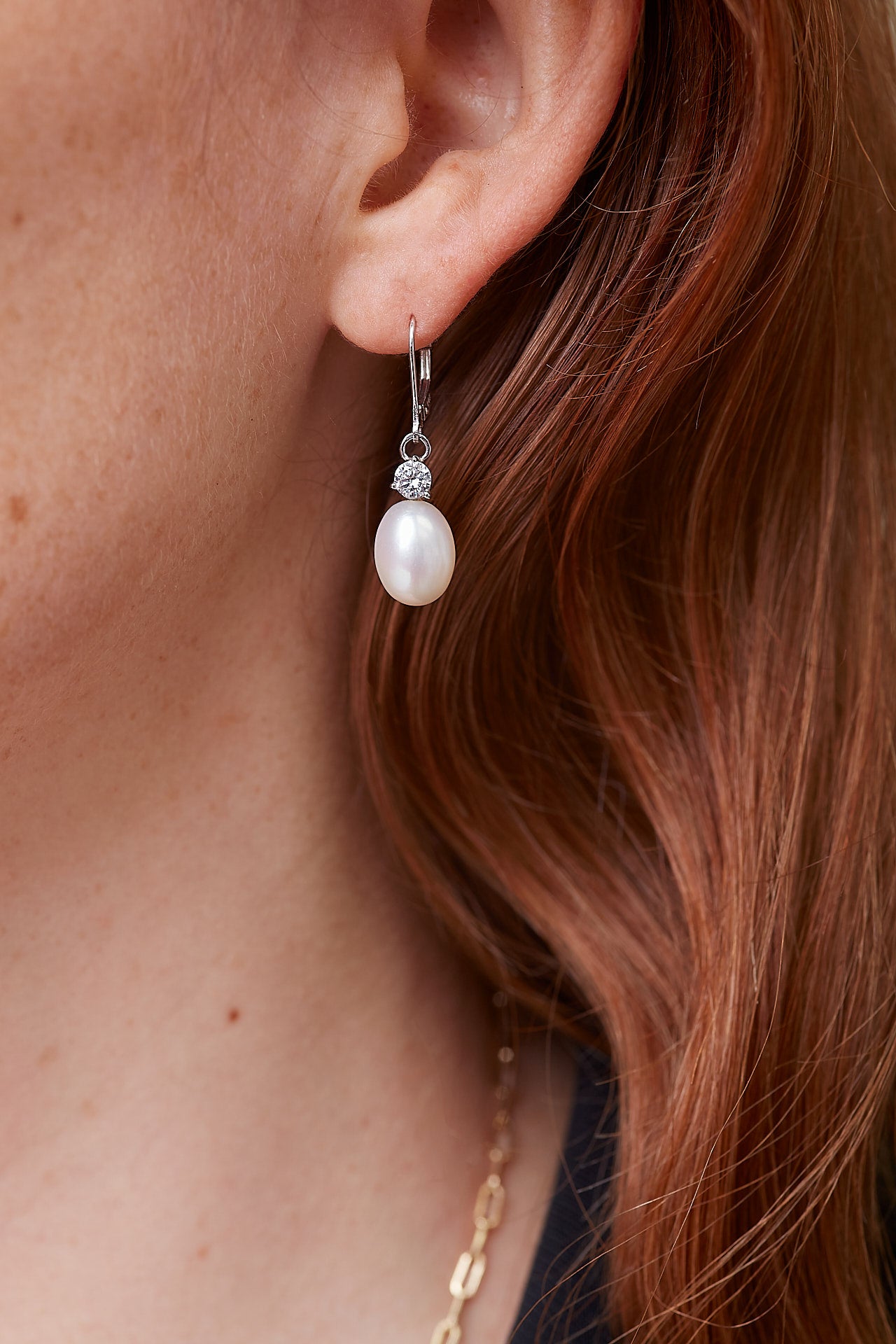 Stella cultured freshwater pearl drop earrings with cubic zirconia above on 14kt white gold levers