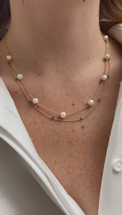 
                  
                    Load and play video in Gallery viewer, Credo fine double chain necklace with cultured freshwater pearls &amp;amp; emerald
                  
                