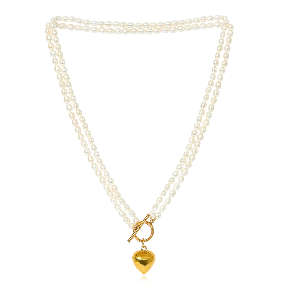 Load image into Gallery viewer, Amare double strand cultured oval freshwater pearl necklace with gold vermeil heart
