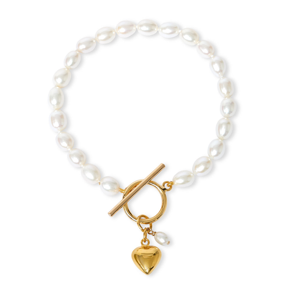 Amare oval cultured freshwater pearl bracelet with gold vermeil heart