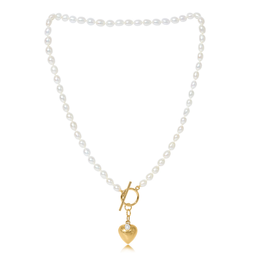 Amare oval cultured freshwater pearl necklace with gold vermeil heart