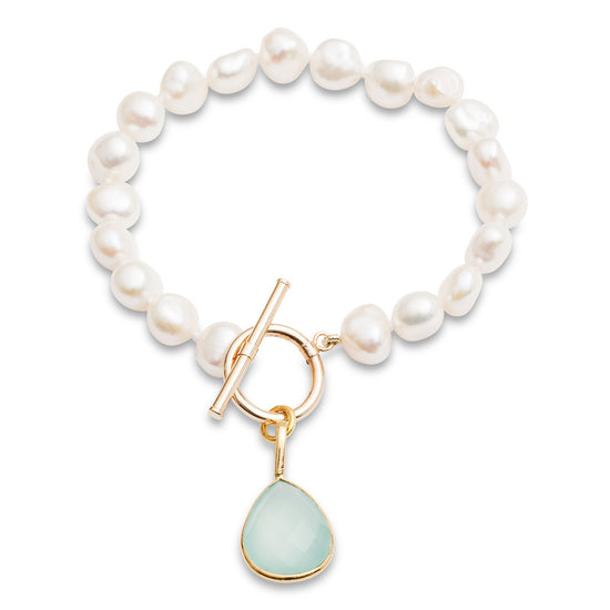 Clara white irregular cultured freshwater pearl bracelet with an aqua chalcedony drop pendant