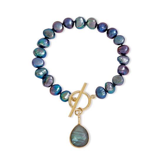 Load image into Gallery viewer, Clara black cultured freshwater pearl bracelet with a labradorite drop pendant
