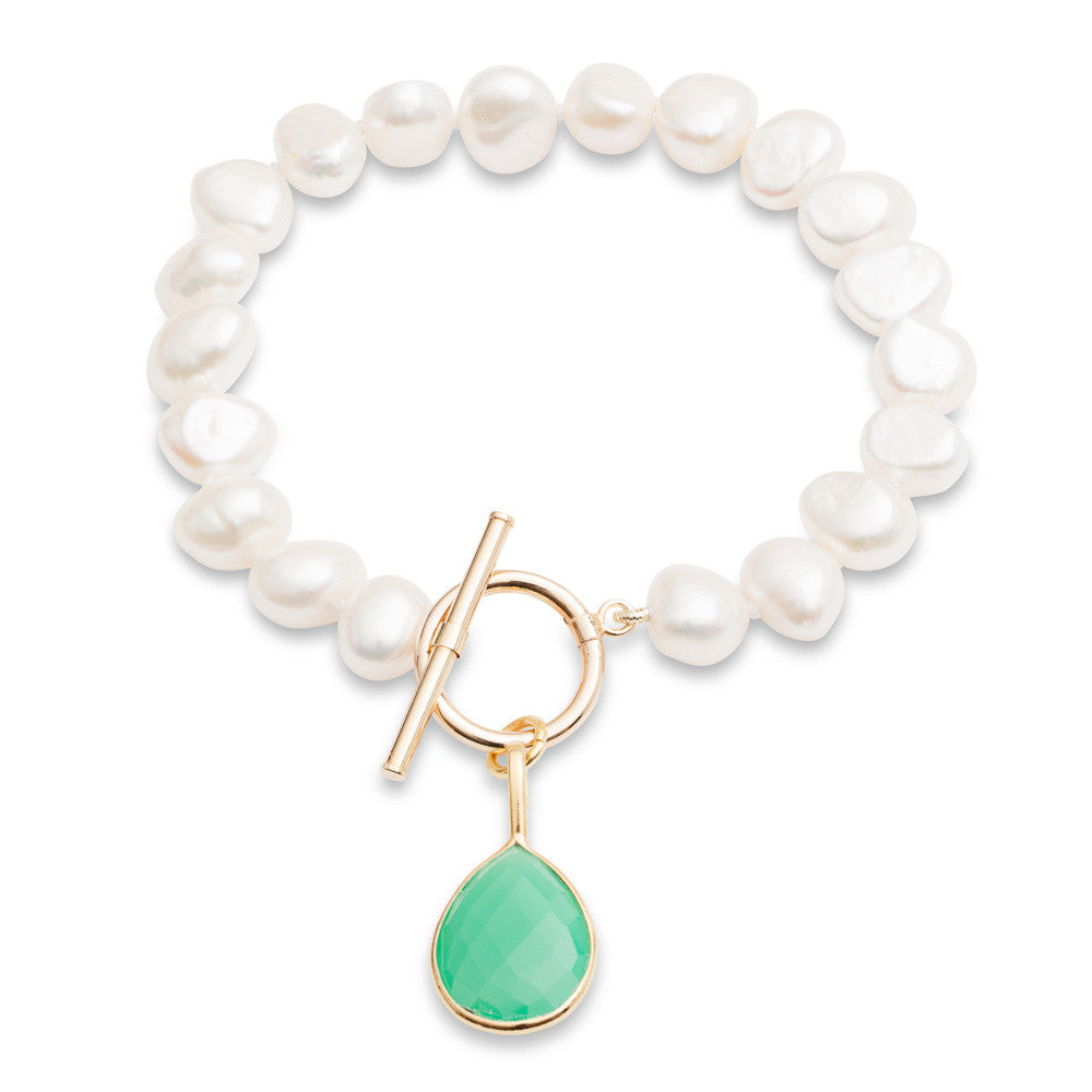 
                  
                    Clara white cultured freshwater pearl bracelet with a chrysophase onyx drop pendant
                  
                