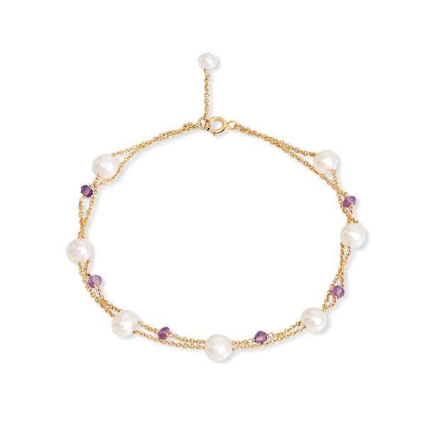 Load image into Gallery viewer, Credo fine double chain bracelet with cultured freshwater pearls &amp;amp; amethyst
