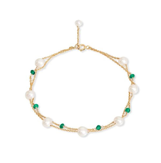 Credo fine double chain bracelet with cultured freshwater pearls & emerald