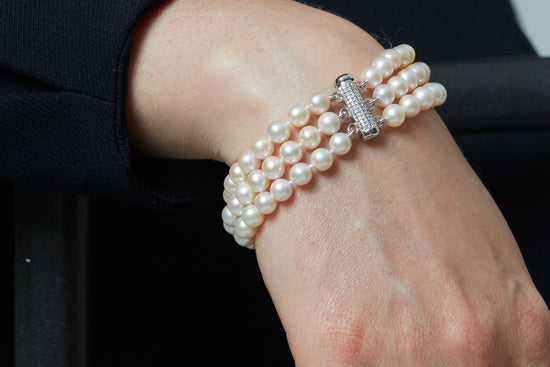 Stella triple strand cultured freshwater pearl bracelet with vintage style pave clasp