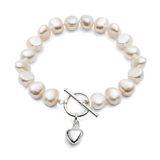 Amare white irregular-shaped cultured freshwater pearl bracelet with sterling silver puffed heart pendant