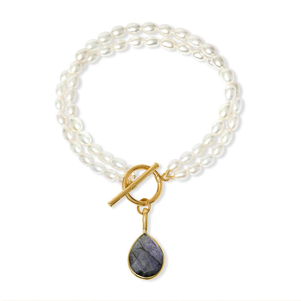 Clara double-strand pearl bracelet with an labradorite drop pendant
