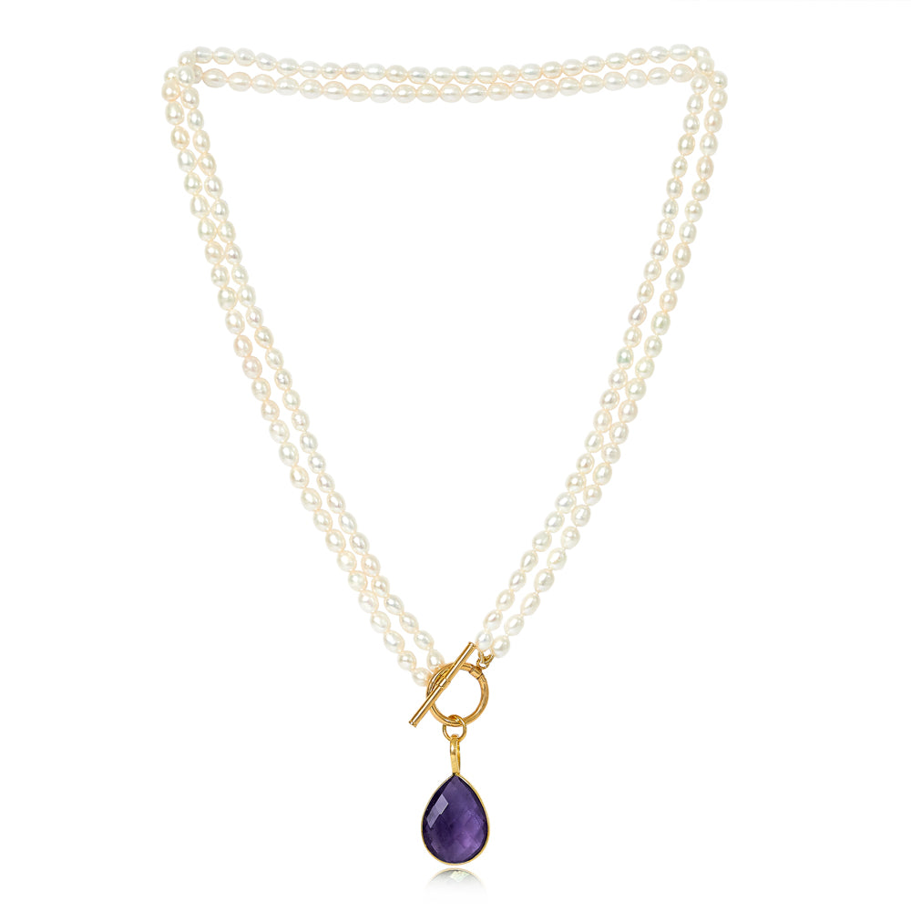 Clara double-strand cultured freshwater pearl necklace with amethyst drop pendant