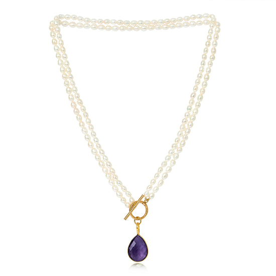 Clara double-strand cultured freshwater pearl necklace with amethyst drop pendant