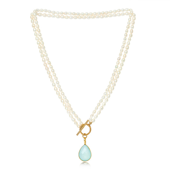 Clara double-strand cultured freshwater pearl necklace with aqua chalcedony drop pendant